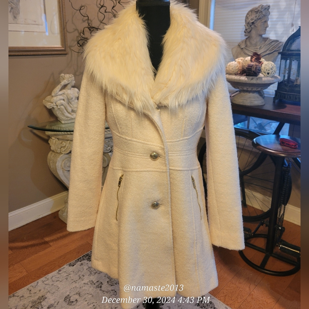 Guess Wool Blend Pea Coat Faux Fur Designer Luxury Celeb Removable Collar #74